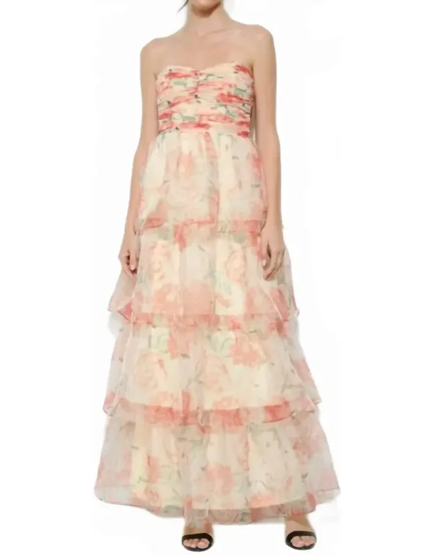 Floral-tiered Strapless Maxi Dress