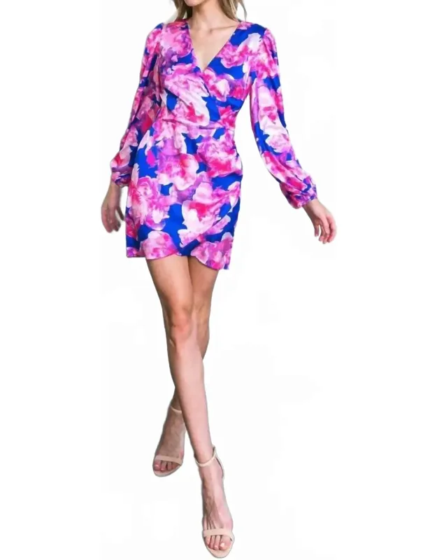 Surplice Floral Printed Satin Mini Dress