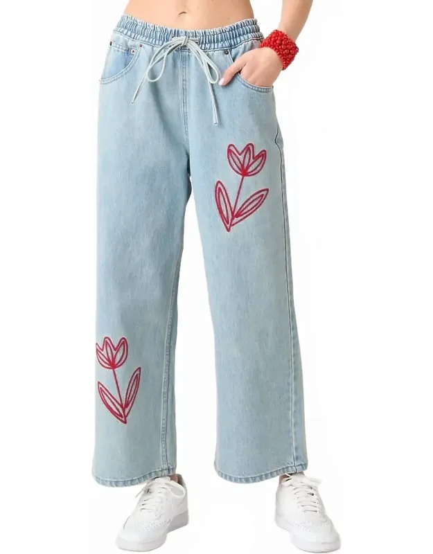 Tulip Embroidery Wide Leg Jeans