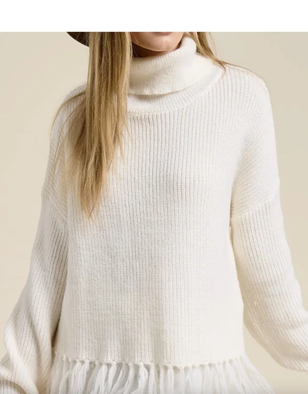 Fringe Hem Ribbed Turtleneck Sweater