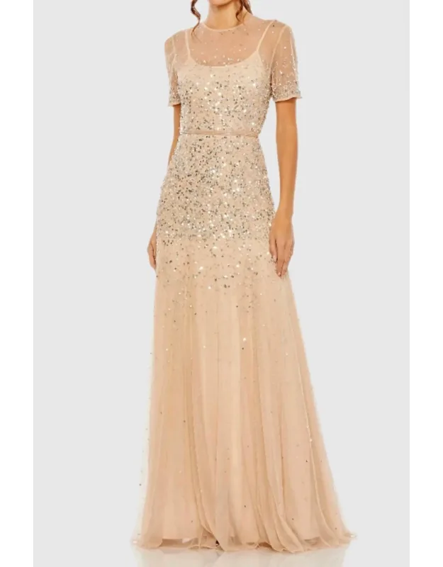 High Neck Short Sleeve Sequin Embellished Dress