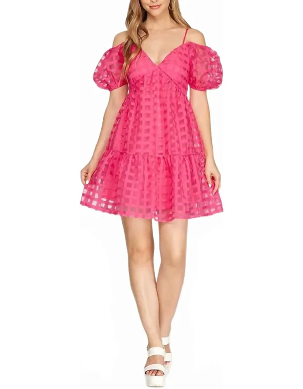 Puff Sleeve Checker Organza Dress