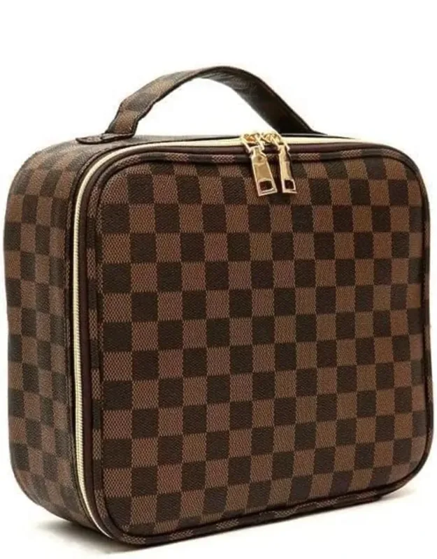 Checkered Makeup Bag - Spacious Travel Cosmetic Organizer With Adjustable Compartments Waterproof Pu Leather Toiletry Bag
