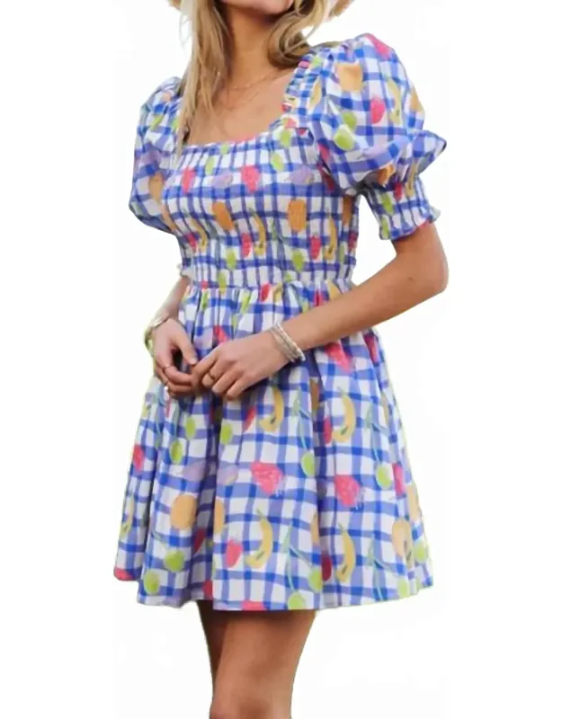 Smocked Checker Fruits Print Mini Dress
