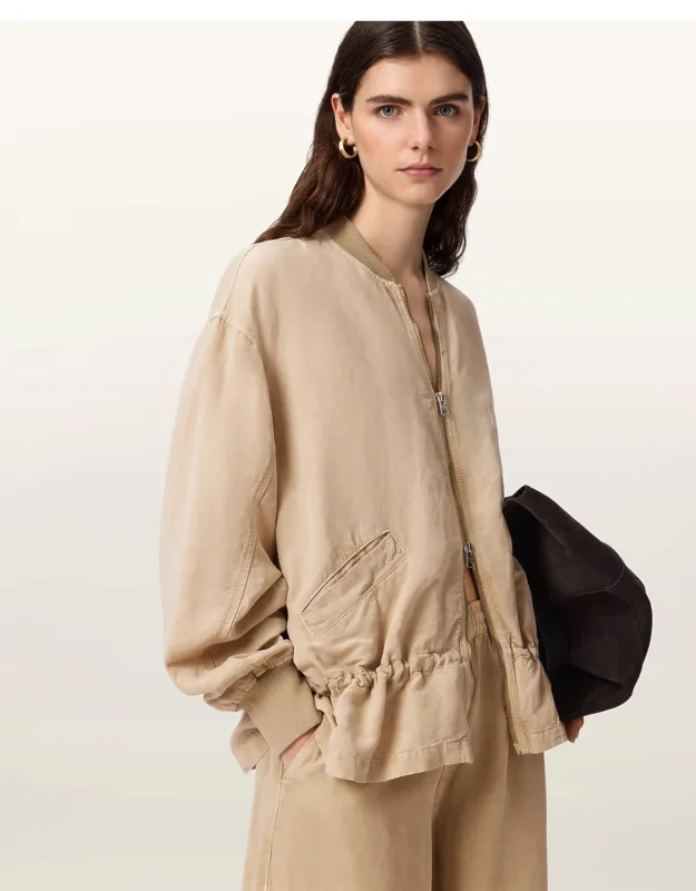 Linen Blend Drawstring Bomber Jacket
