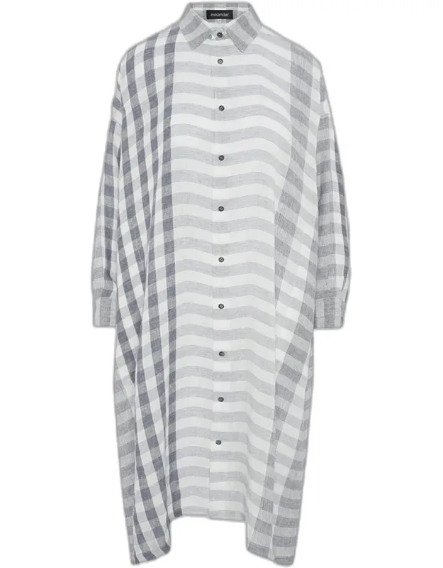 Striped Linen Wide A-line Shirt Dress