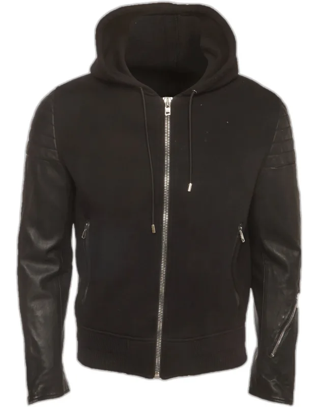 Neoprene And Leather Hooded Bomber Jacket