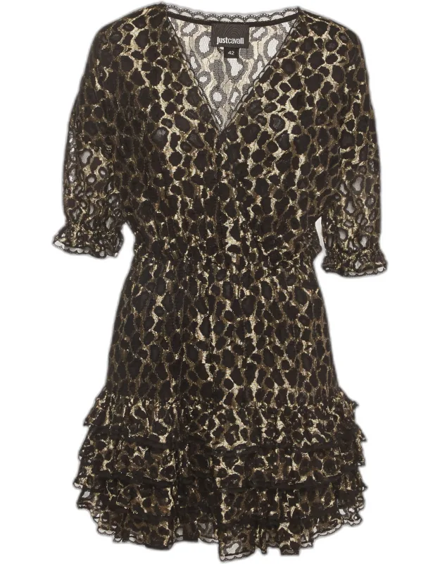 Gold Leopard Lace Ruffle Mini Dress