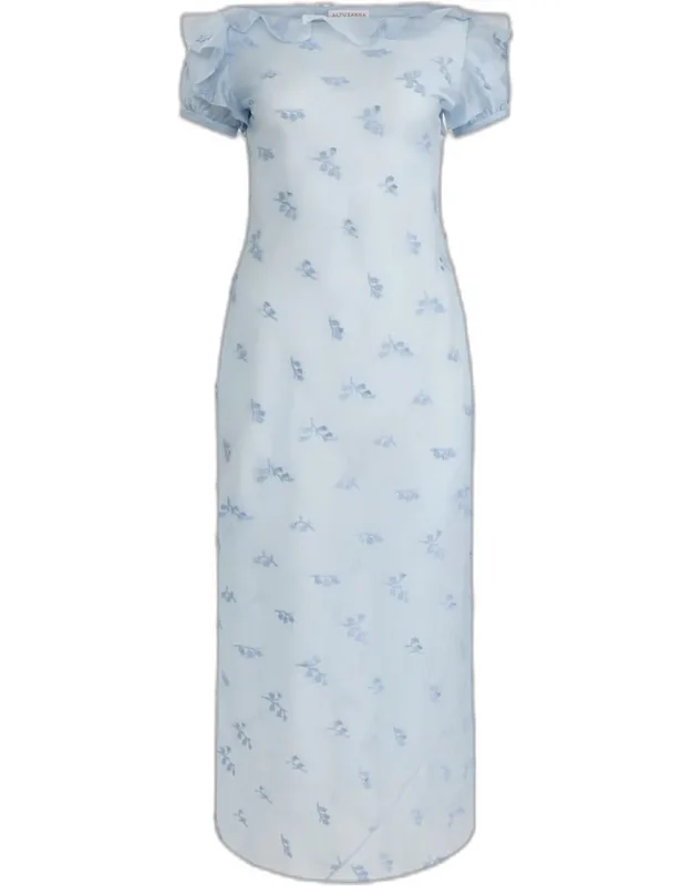 Floral Embroidered Puff-sleeve Maxi Dress