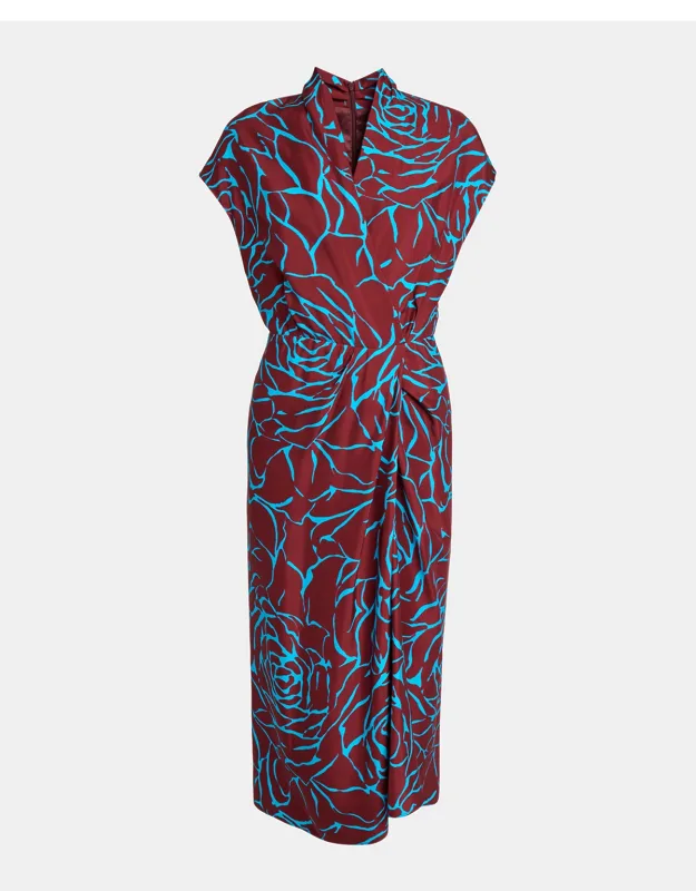 Floral Jacquard Draped Wrap Midi Dress