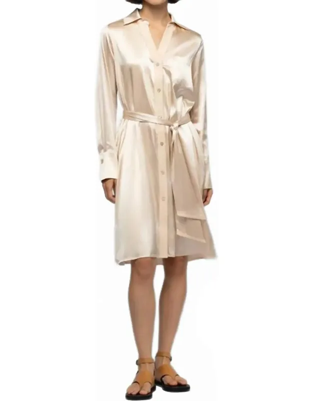 Silk Mini Shirt Dress With Leather Detail