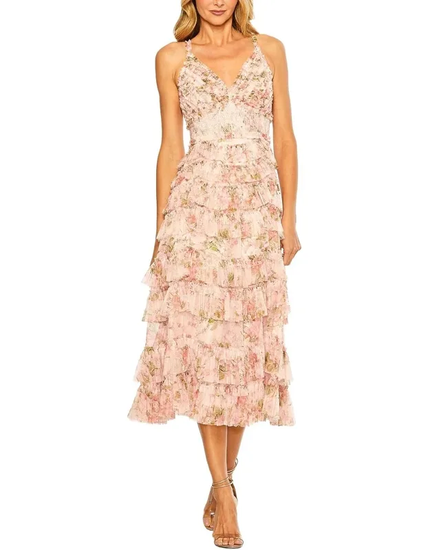 Sleeveless V-neck Floral Mesh Ruffle Midi Dress
