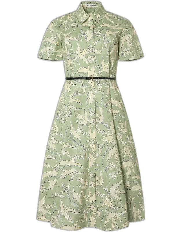 Bird-print Cotton Belted Midi Shirtdress