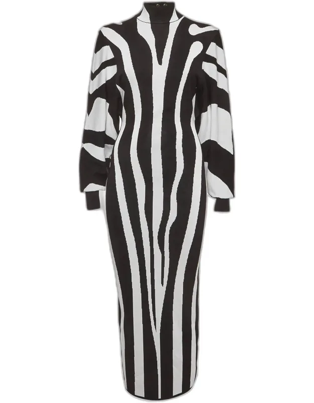 Zebra Intarsia Knit High Neck Midi Dress