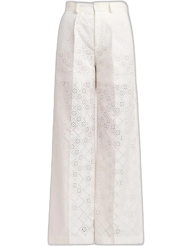 Eyelet Embroidered Cotton Wide-leg Trousers