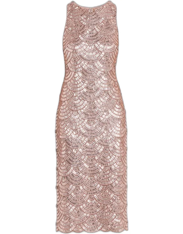 Scalloped Bead & Crystal Midi Sheath Dress