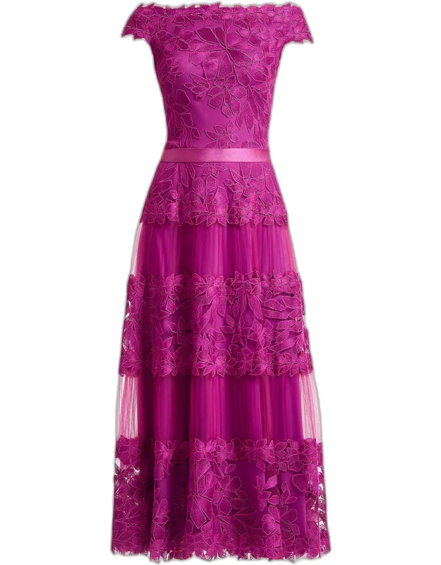 Off-the-shoulder Cap-sleeve Lace Midi Dress