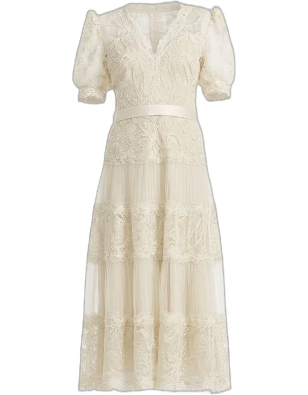 V-neck Short-sleeve Lace Tiered Midi Dress