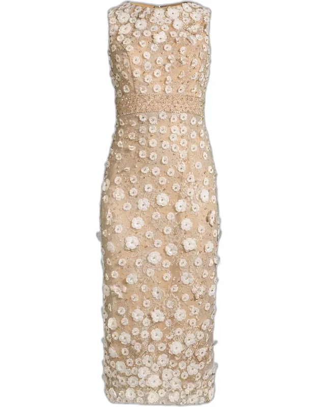 Beaded Floral Applique Bodycon Midi Dress