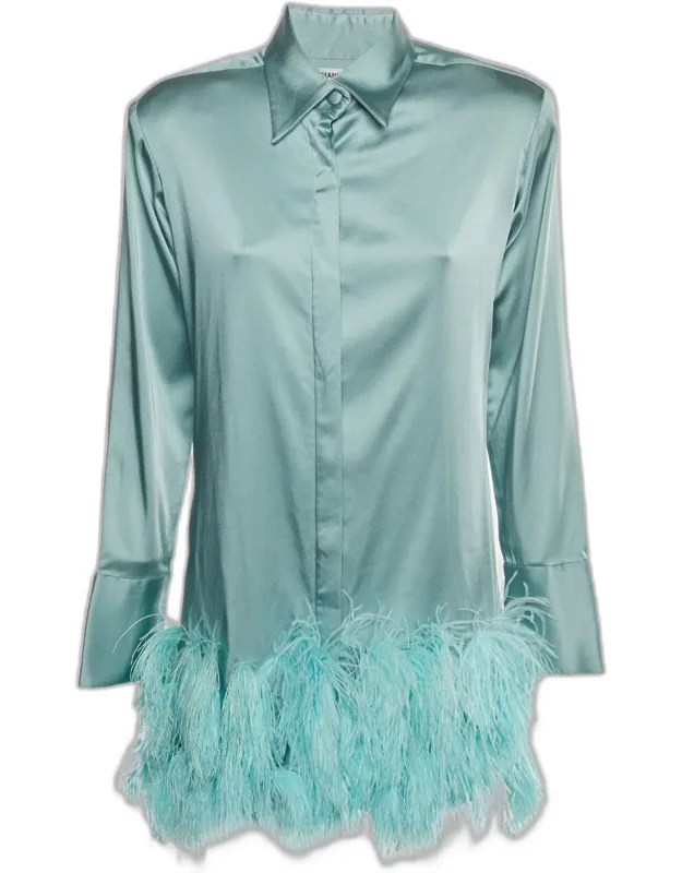 Satin Ostrich Feather Trim Shirt Dress