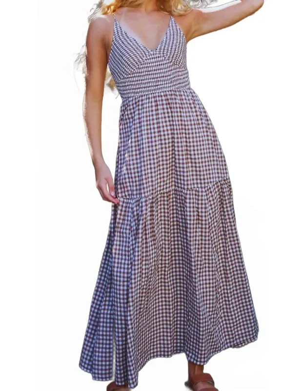 Driftwood Gingham Smocked Bodice Maxi Dress