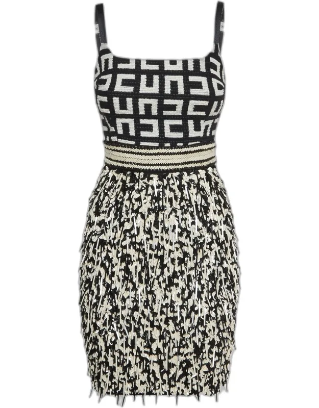 Monochrome Monogram Tweed Fringed Mini Dress