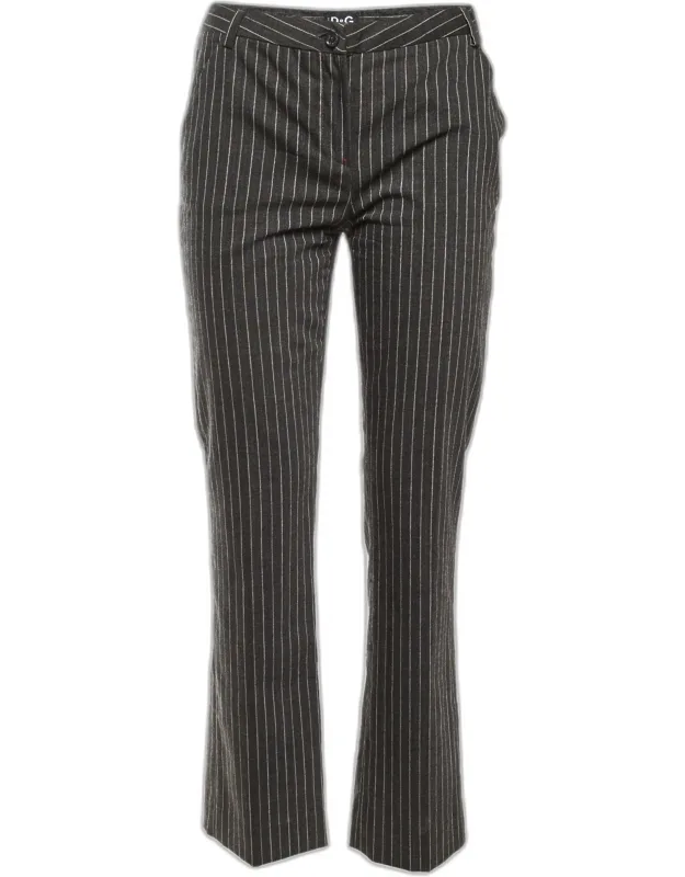 Dark Grey Striped Wool Straight Fit Trousers