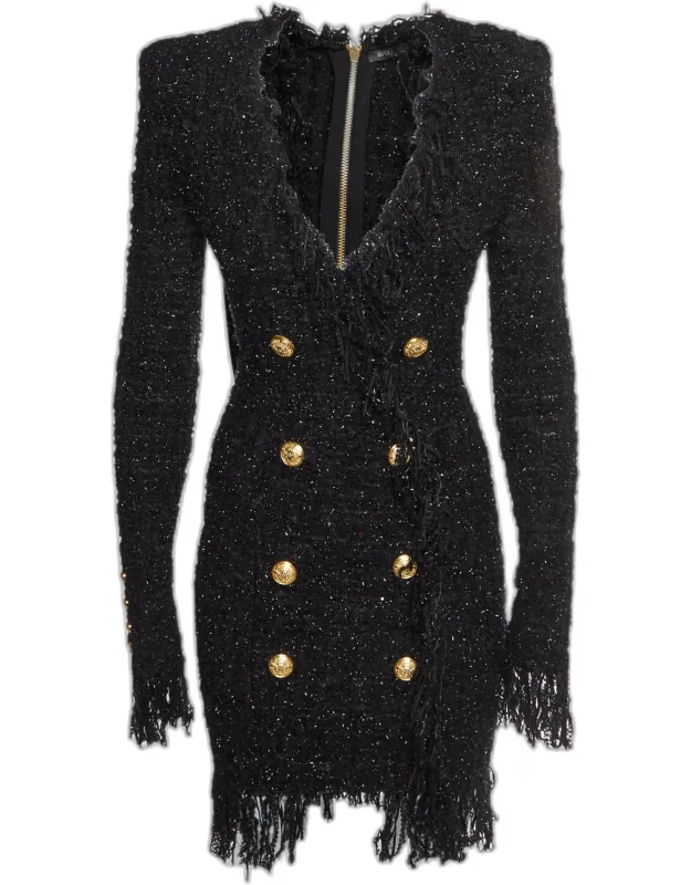Metallic Bouclé Tweed Fringed Mini Dress