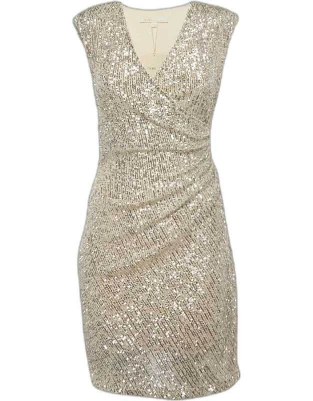 Silver Sequined Embellished Wrap Mini Dress
