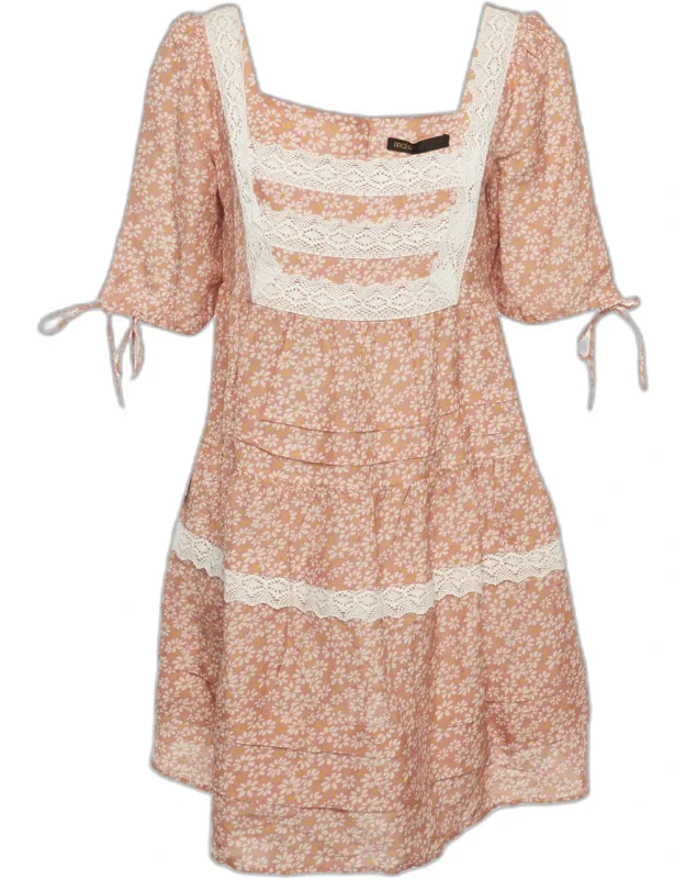 Floral Printed Linen Blend Lace Braid Dress