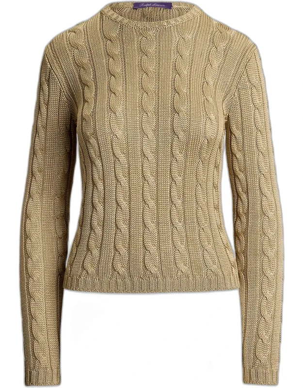 High Shine Silk Cable-knit Crewneck Sweater