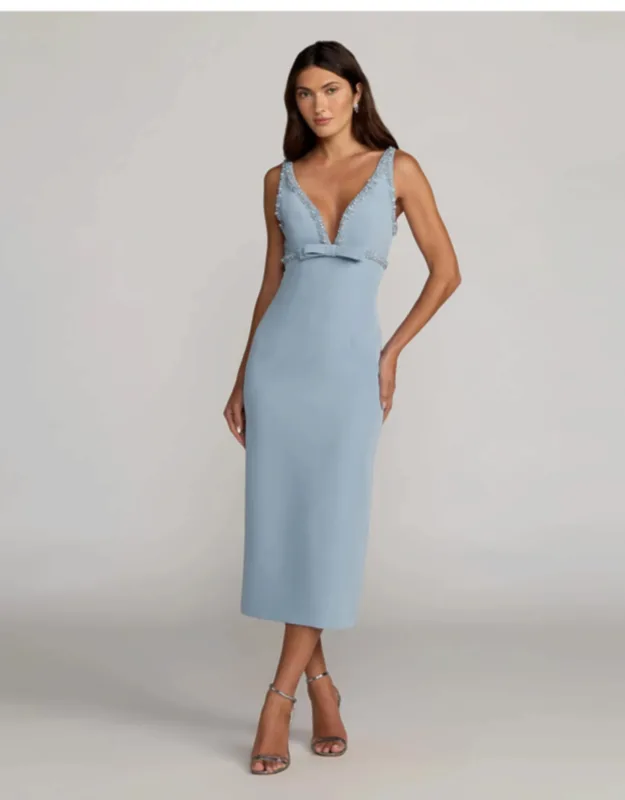 Crepe Fitted Midi Dress With Bow And Beaded Trim