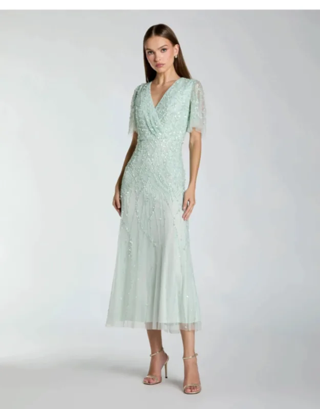 Beaded Wrap Over Butterfly Sleeve Dress