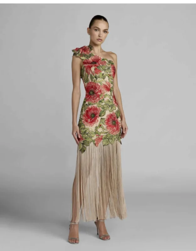 Embroidered One Shoulder Dress With Fringe Hem