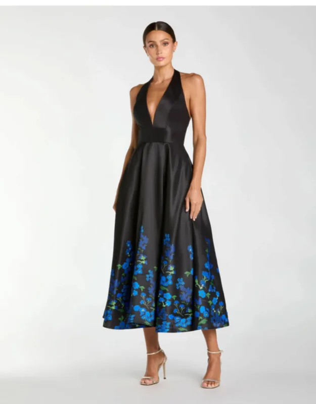 Halter Neck Floral Printed Satin Midi Dress
