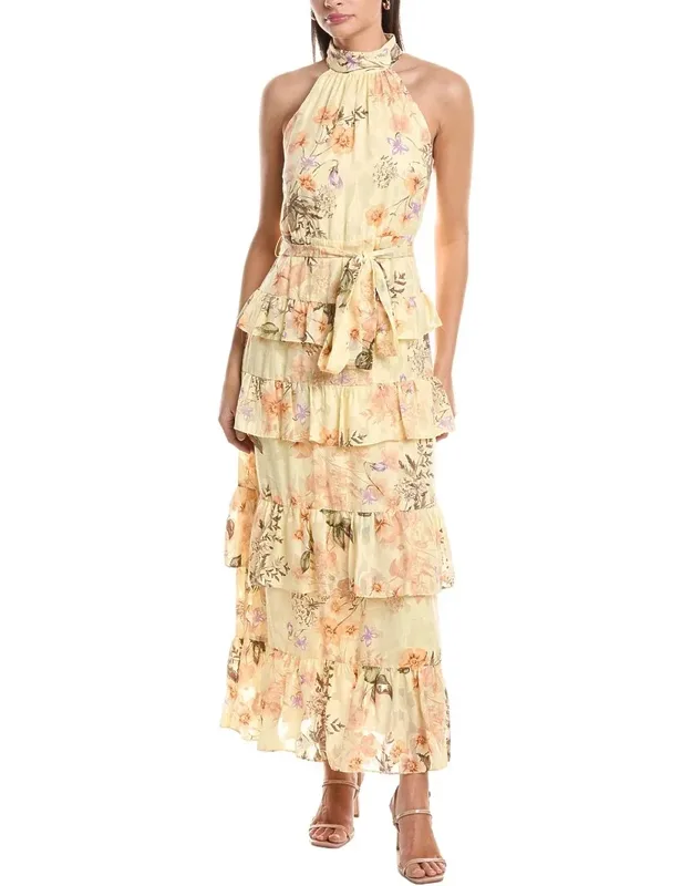 Tiered Halter Ruffle Chiffon Floral Maxi Dress