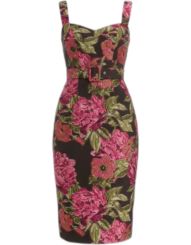 Belted Floral Organza Jacquard Midi Dress