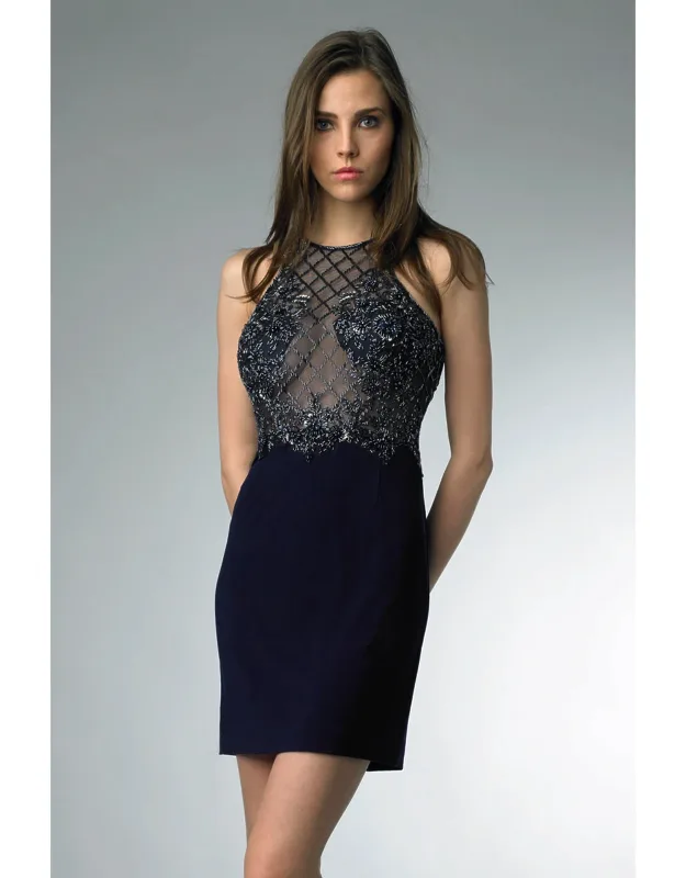 Beaded Lattice Halter Cocktail Dress