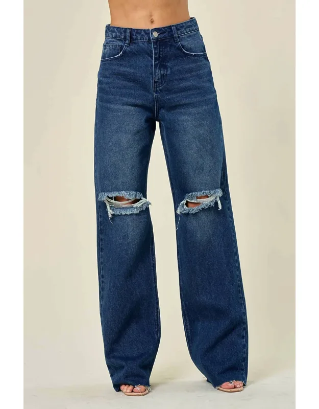 Wide Leg Busted Knee Jeans