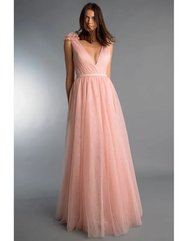 V-neck Evening Dress With Bows On Shoulder