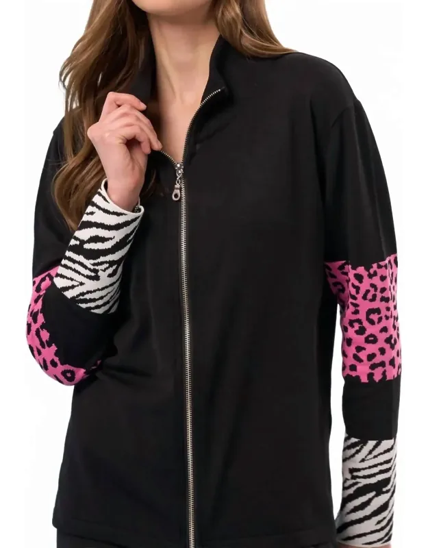 Animal Print Sleeve Zip Up Jacket