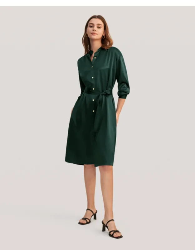 Belted Shirred Silk Shirt Dress