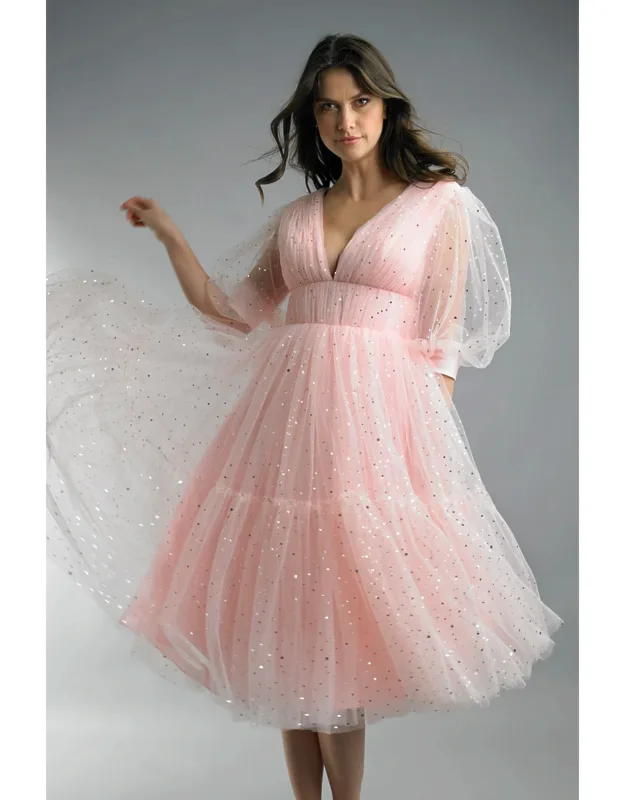 Starlight Tulle Puff Sleeve Midi Dress