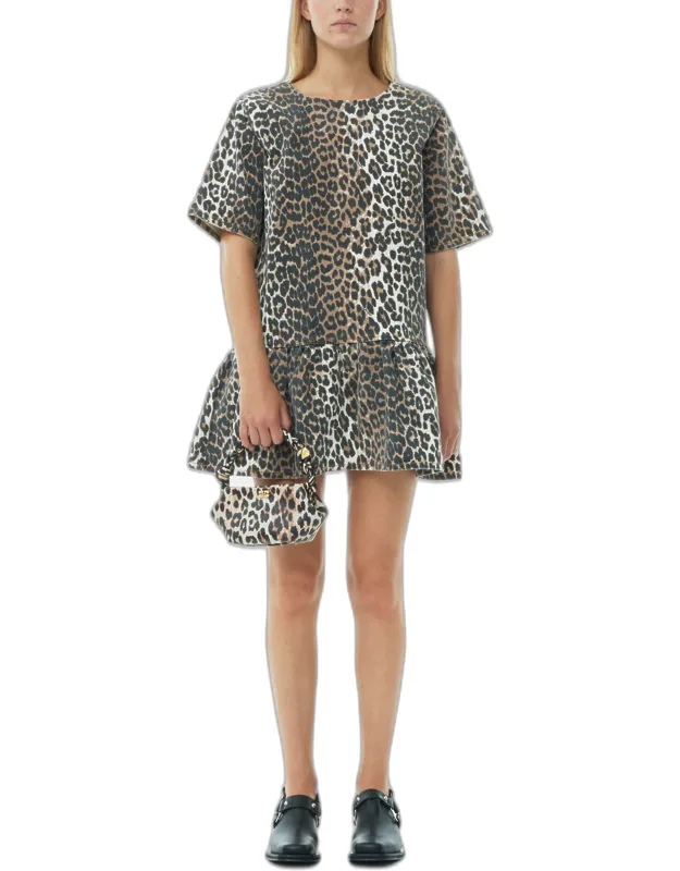 Mixed Leopard Open-back Mini Denim Dress