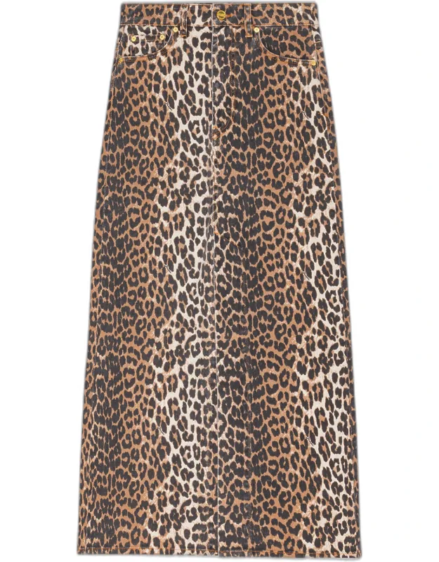 Mixed Leopard Denim Maxi Slit Skirt