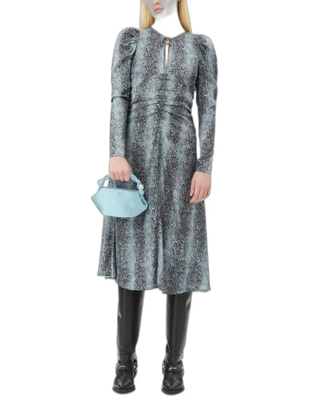 Snake Print Ruched Midi Dress