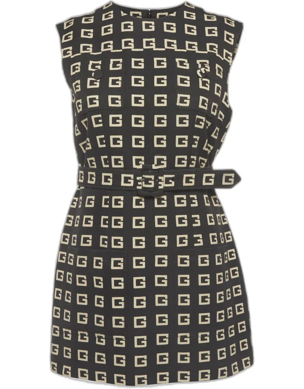 Square G Print Faille Belted Tunic Dress