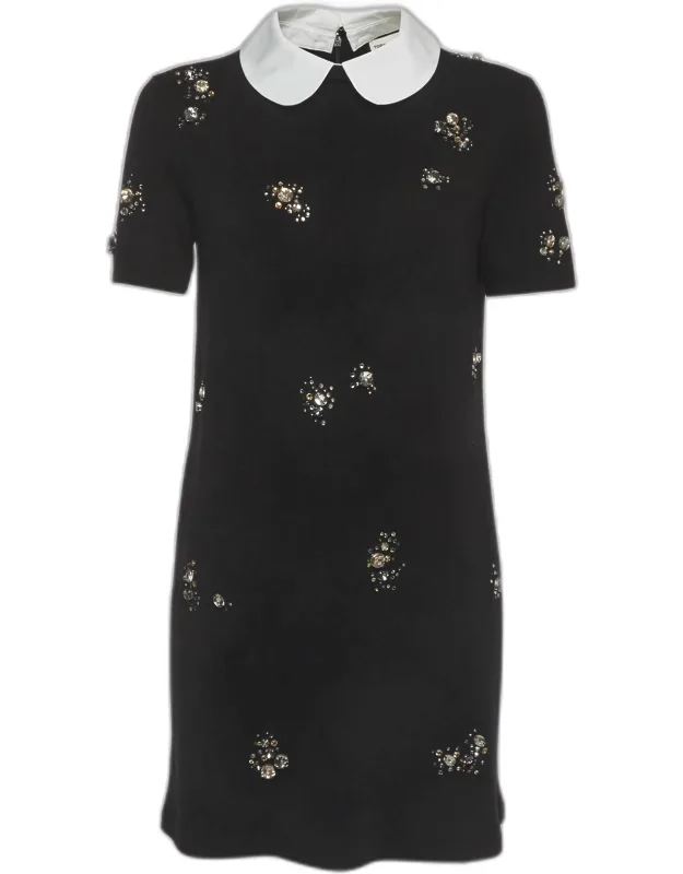 Wool Blend Embellished Poplin Collar Dress