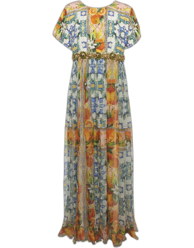 Majolica Print Silk Embellished Maxi Dress