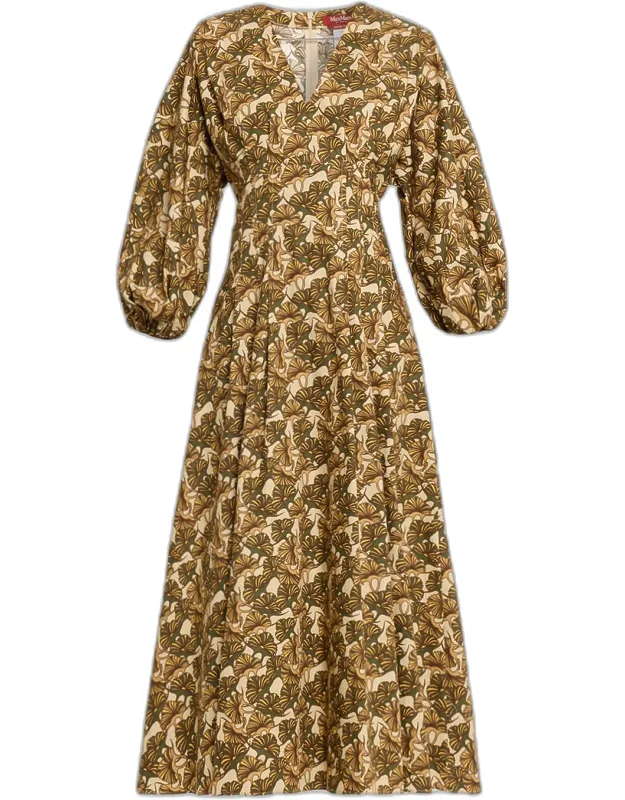 Pleated Abstract-print Cotton Midi Dress